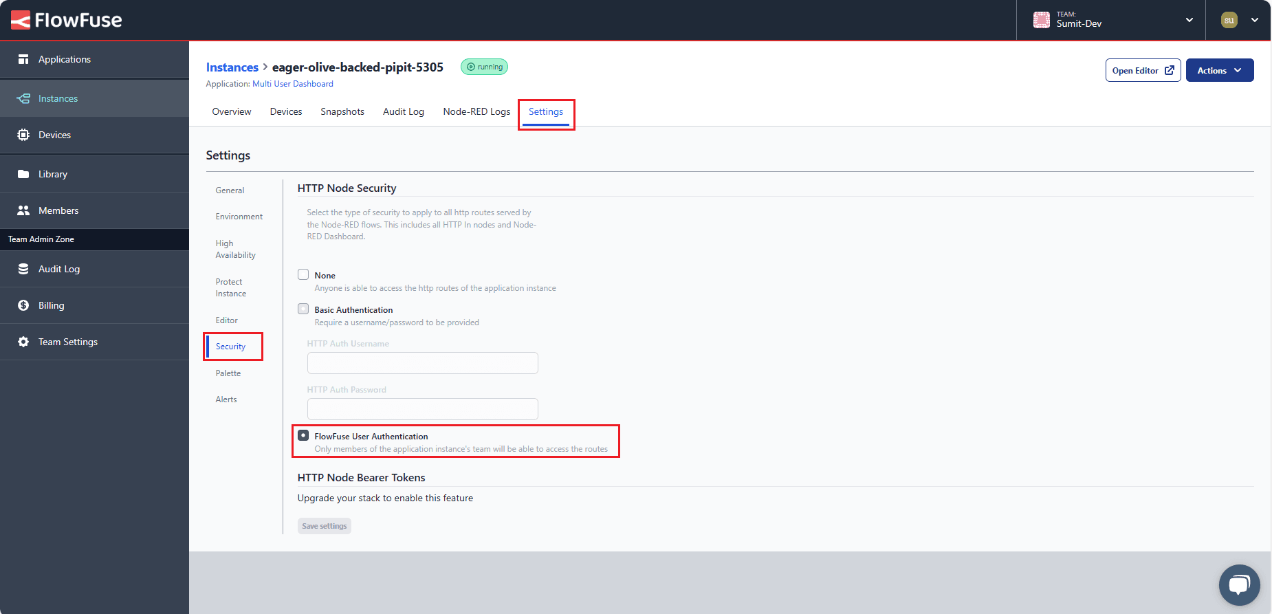 Screenshot displaying the configuration settings within the FlowFuse instance, enabling user authentication for enhanced security. "Screenshot displaying the configuration settings within the FlowFuse instance, enabling user authentication for enhanced security.
"