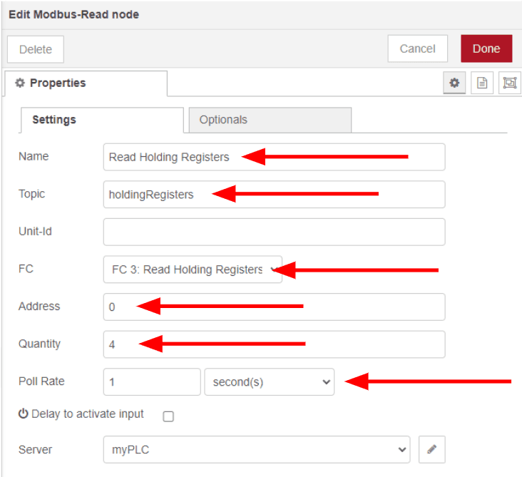 Setting how often data is read in the second Modbus read node Setting how often data is read in the second Modbus read node